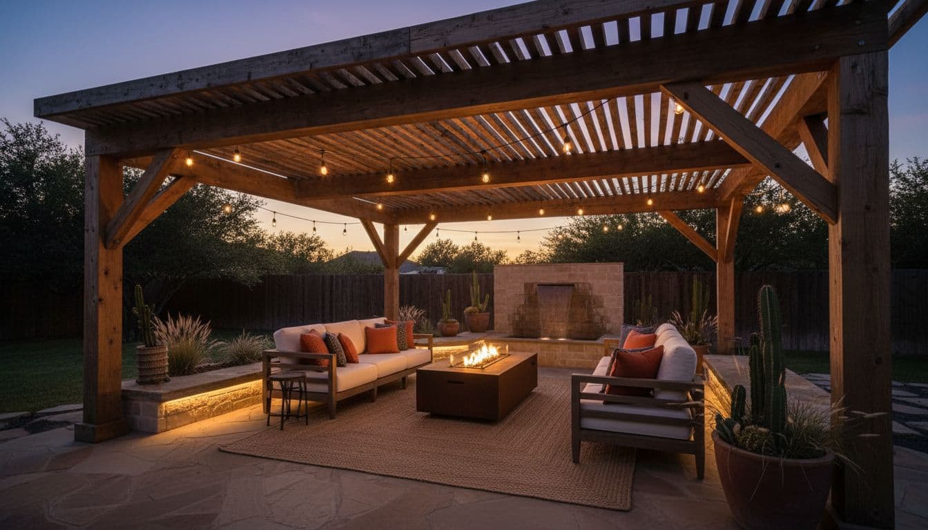 A wooden covered patio features comfortable lounge furniture and warm ambient lighting during a golden sunset.