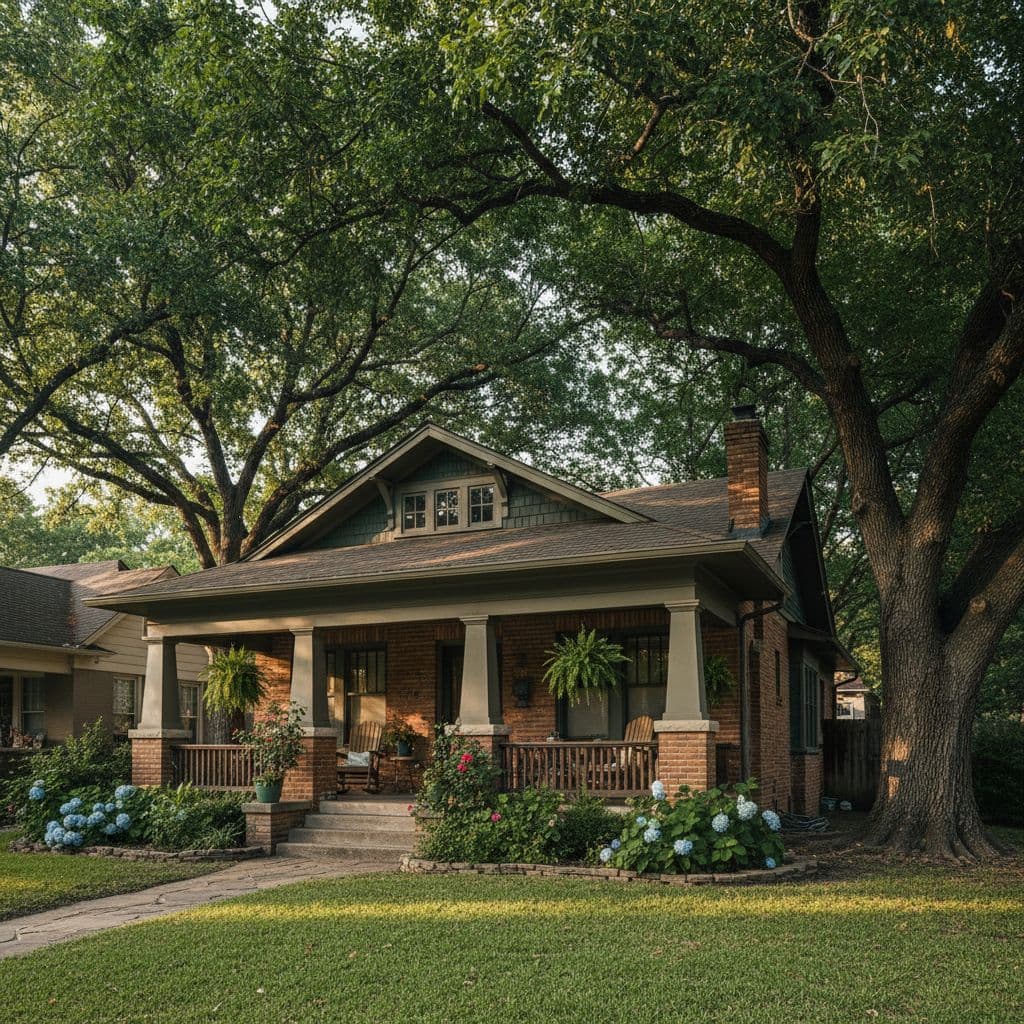A well-maintained craftsman-style house sits in a leafy, tree-lined residential neighborhood in Denton, Texas.