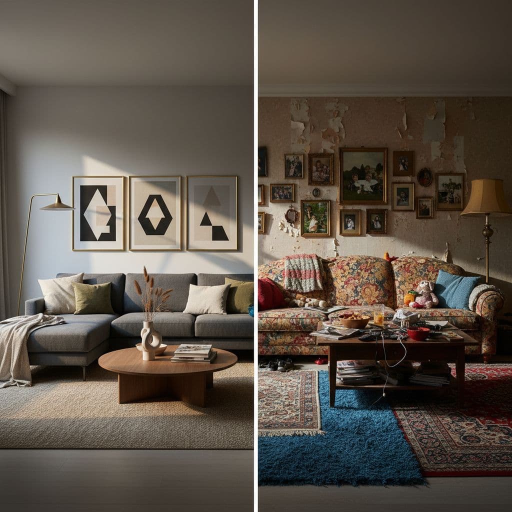 A side-by-side comparison displays a minimalist, serene living room on the left and a chaotic, disorganized space on the right. Cinematic high-contrast lighting highlights the stark difference in spatial organization.