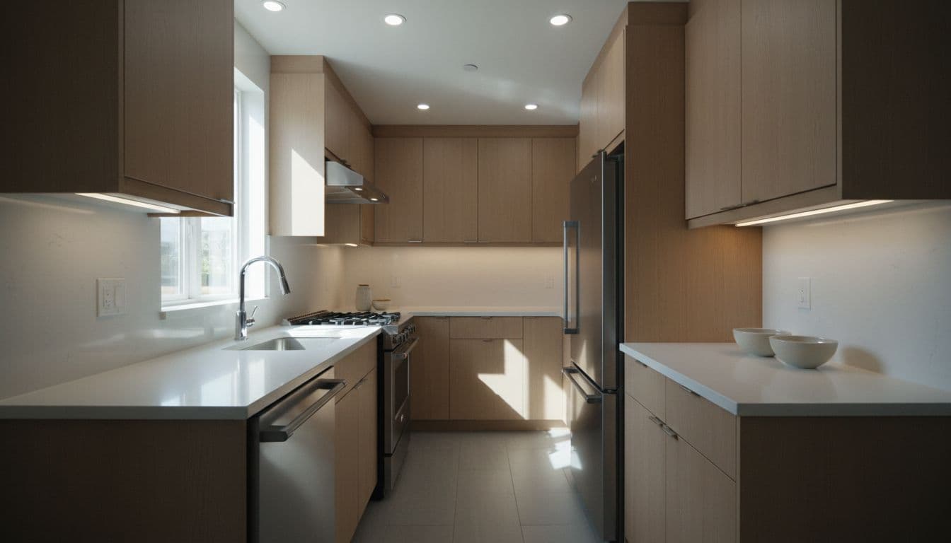 Narrow galley kitchen with parallel counters, light wood cabinets, white quartz surfaces, and stainless sink, stove, fridge.