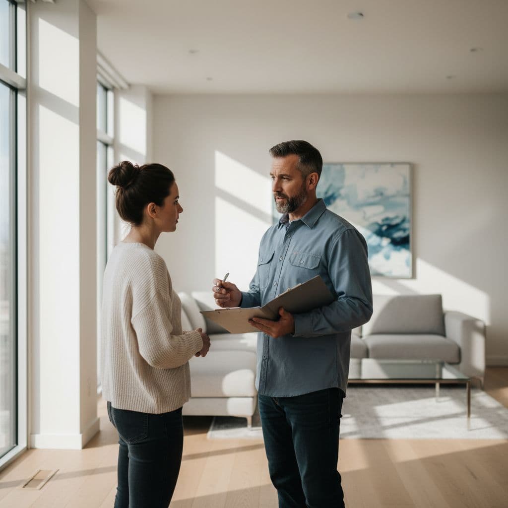 A contractor with a clipboard discusses a renovation plan with a homeowner in a sunlit living room.