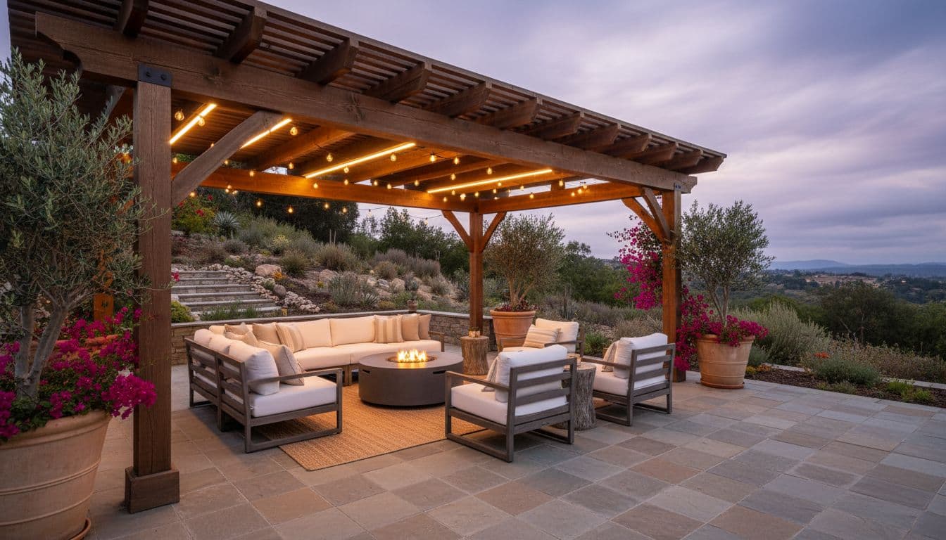 Outdoor patio under custom wooden cover with furniture and ambient lighting.