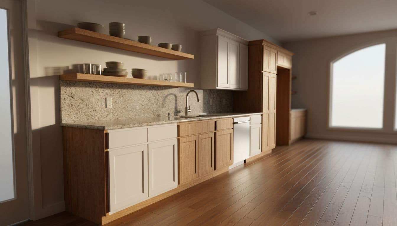 Modern kitchen with refaced cabinets featuring white shaker doors, granite countertop, open shelves with dishes, and warm wooden floors.