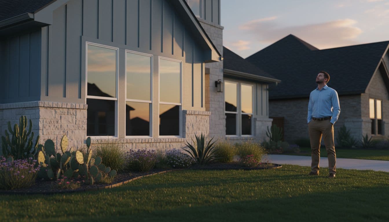 Modern suburban home in Denton, Texas, shows new energy-efficient vinyl windows gleaming in golden hour light, one person admires from front yard with native plants.