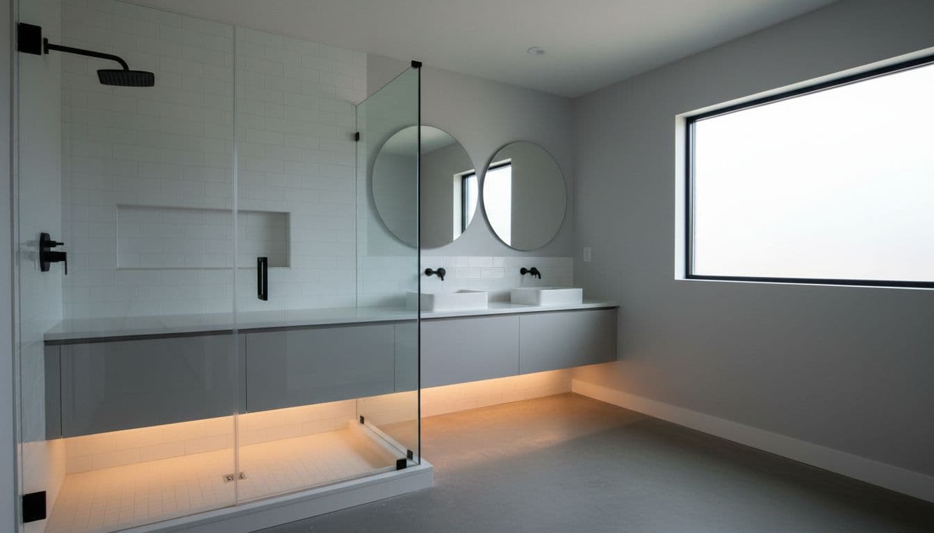 Empty modern bathroom with white subway tile shower, glass door, floating quartz vanity, and frameless mirror.
