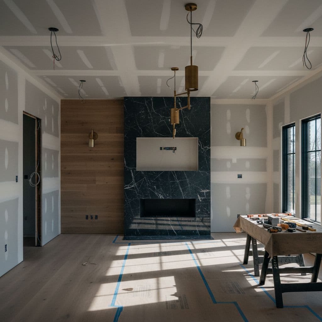 Modern living room renovation shows partially finished walls, new flooring, and high-end fixtures in clean space with natural light.