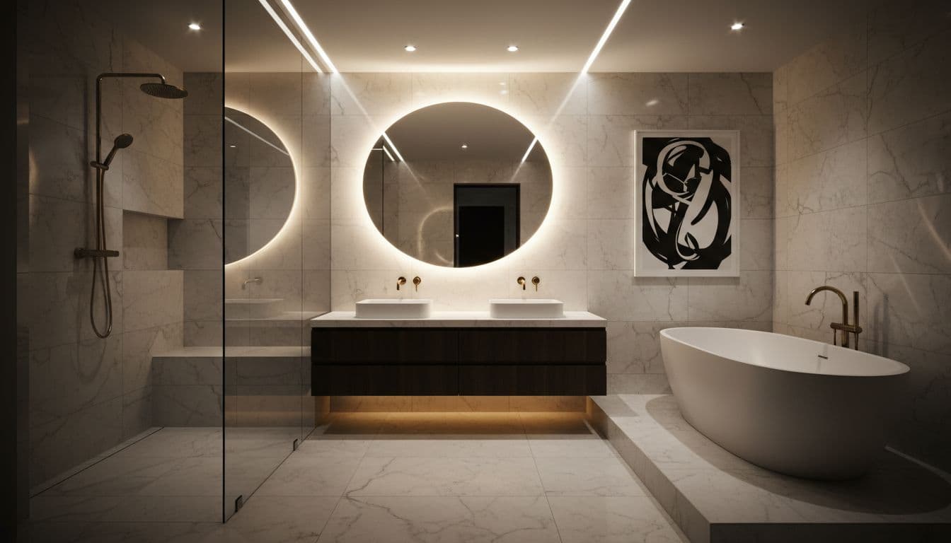 Renovated modern bathroom with marble tiles, frameless glass shower, and dramatic lighting.