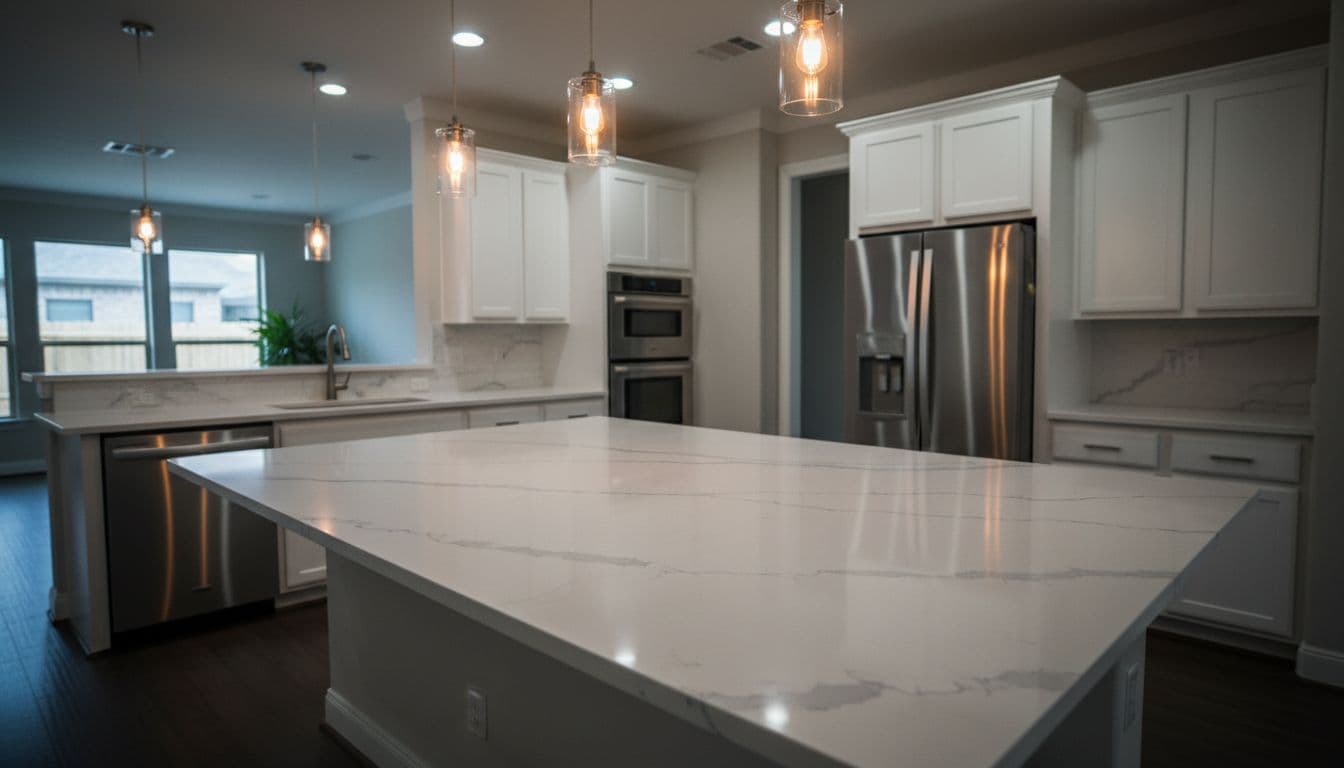 Empty modern kitchen shows white quartz countertops on cabinets and island with stainless appliances under pendant lights.