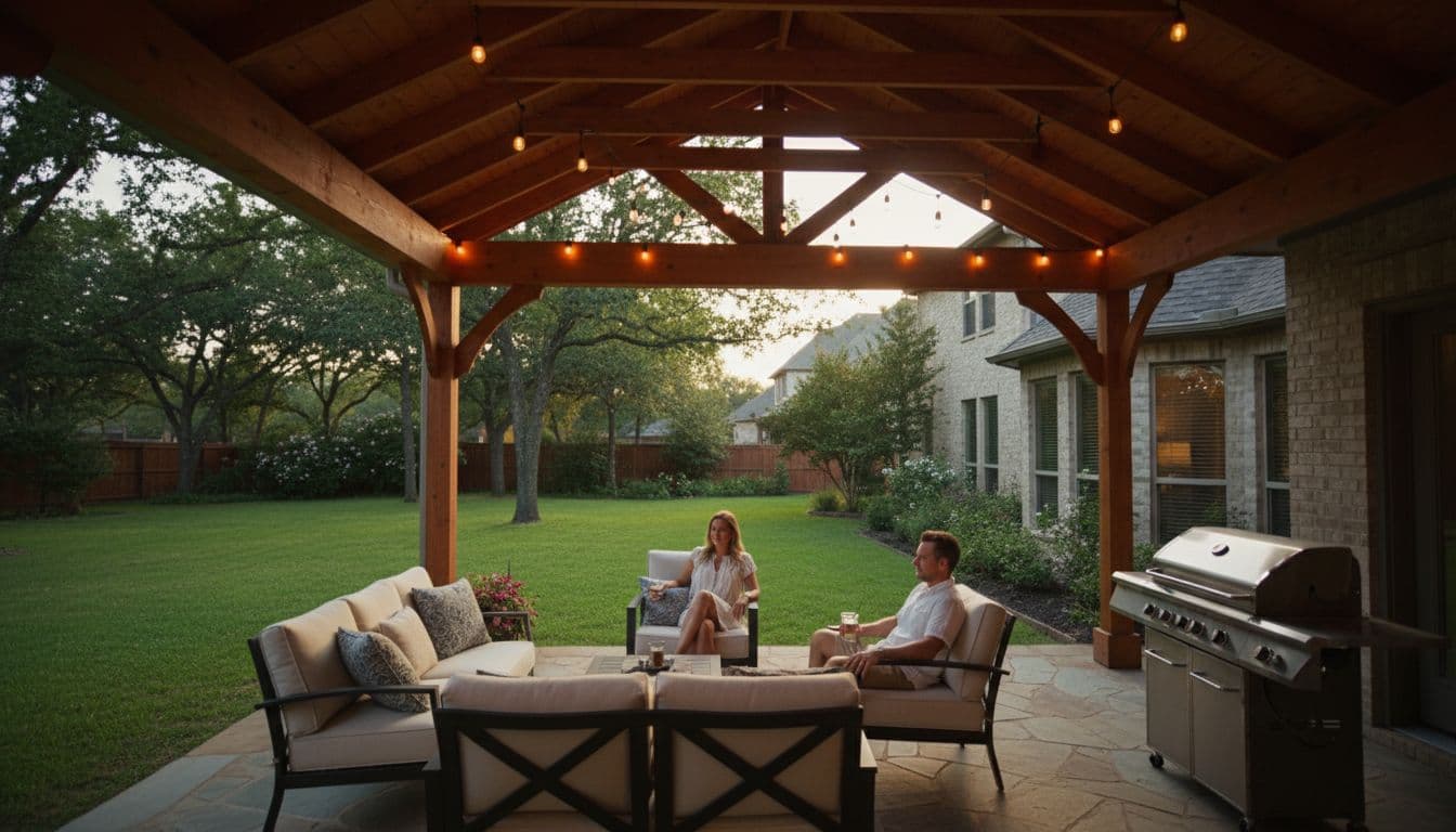 Spacious backyard patio under cedar cover with lounge furniture, grill, lush lawn, trees, and warm evening lighting.