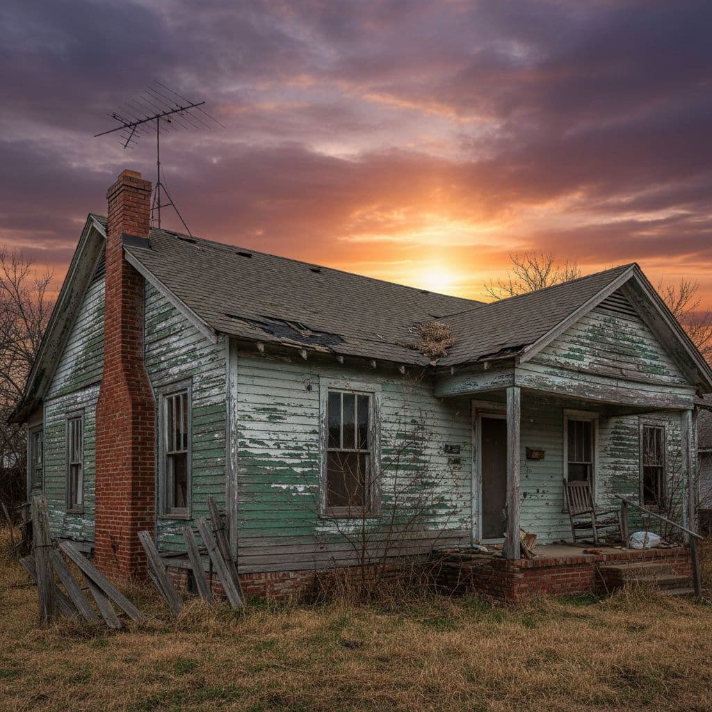 A worn North Texas house features peeling wood siding, a sagging roofline, and cracked exterior brickwork at sunset.