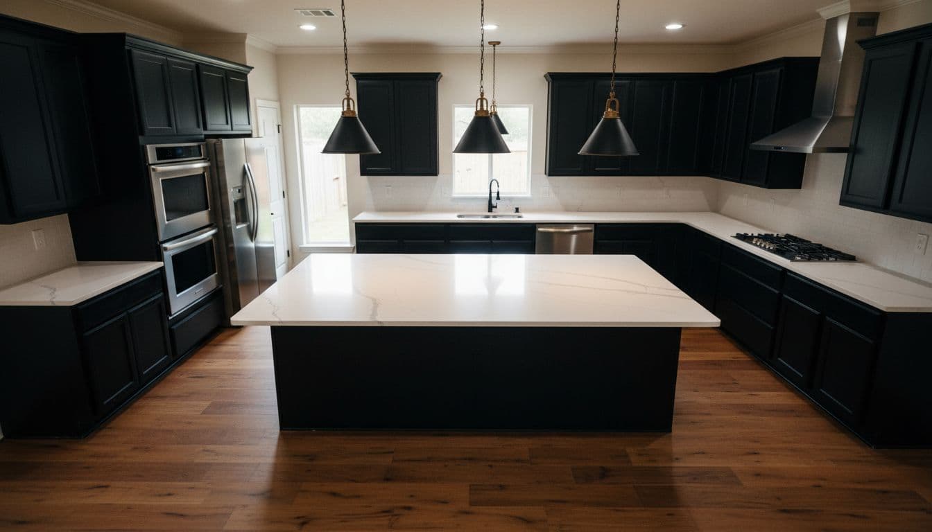 Spacious kitchen with sleek matte black cabinets, quartz countertops, stainless appliances, pendant lights, and hardwood floors.