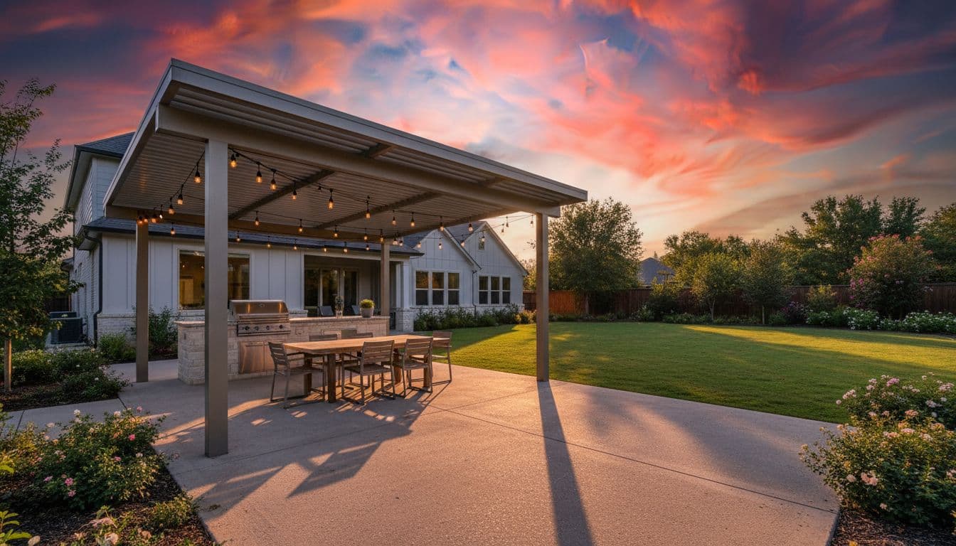 Freestanding aluminum patio cover shades outdoor kitchen with grill, dining table, string lights in lush backyard at sunset.