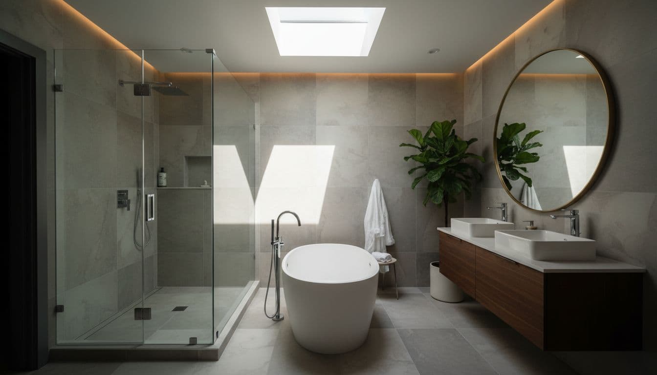 Spacious contemporary bathroom with glass walk-in shower, double vanity, freestanding tub, neutral tiled walls and floor.