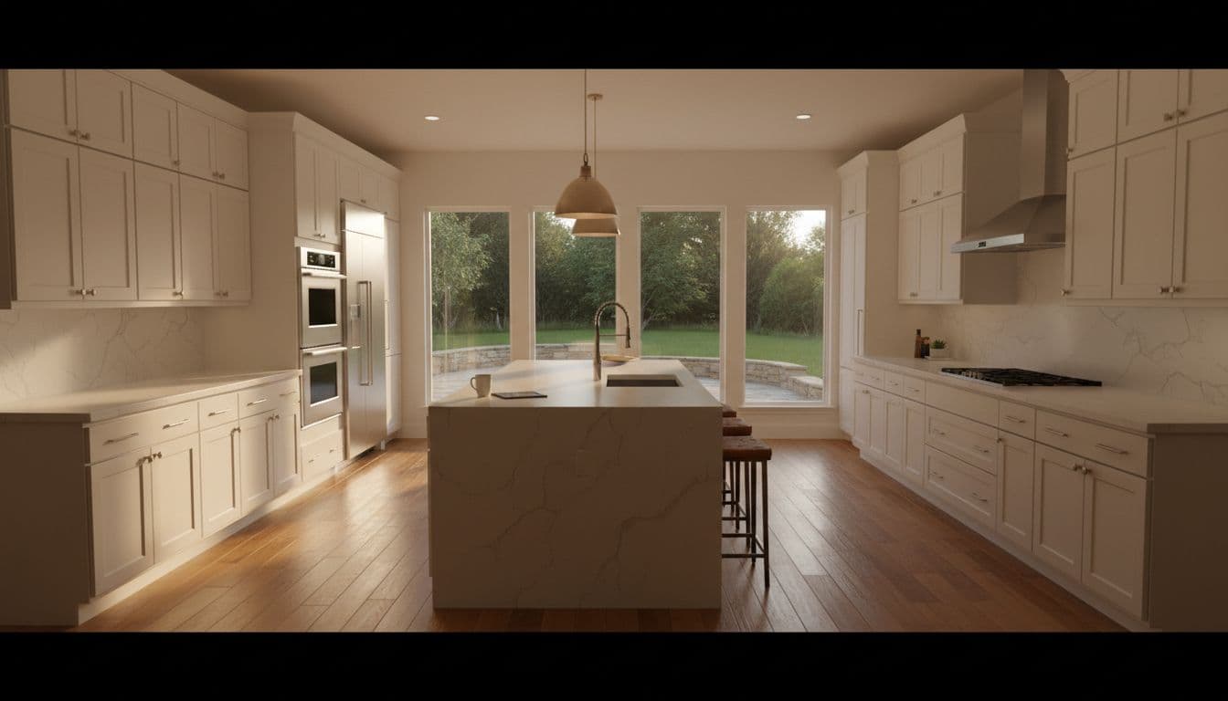 Open kitchen with white cabinets, quartz countertops, stainless appliances, island with stools, large windows to backyard patio, wood floors.