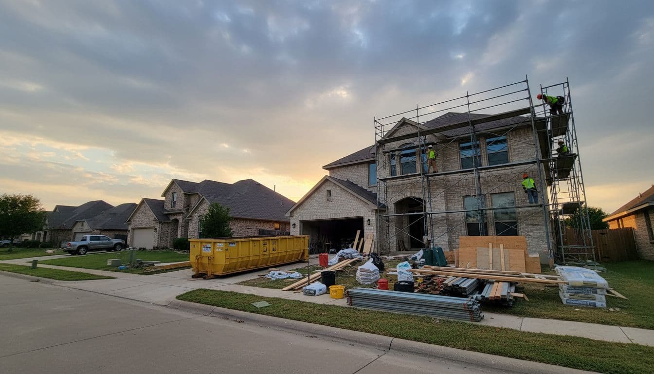 Scaffolding and construction materials surround a suburban house undergoing a major home expansion.