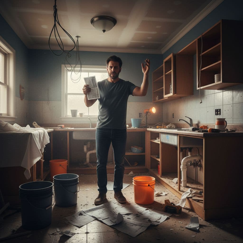 A stressed homeowner holds a repair bill in a cluttered kitchen mid-renovation.