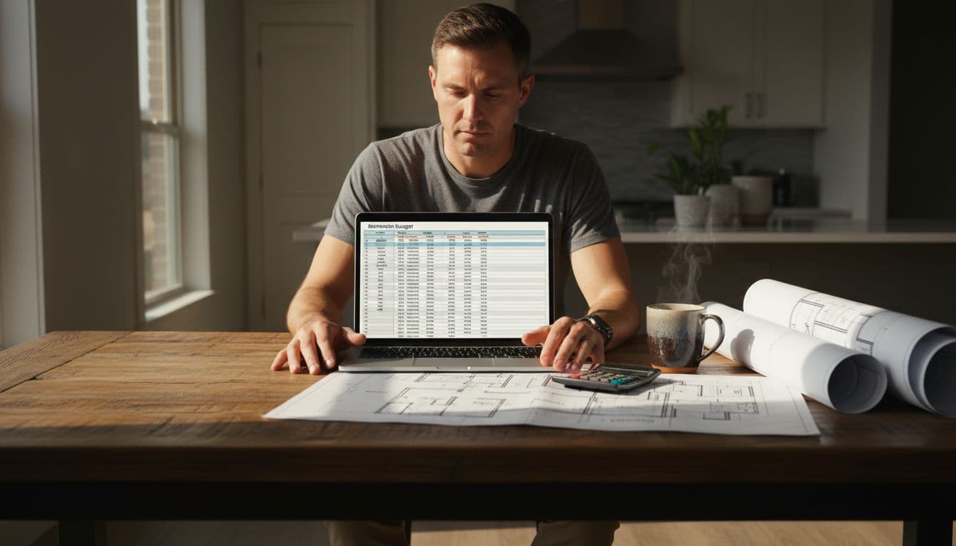 Homeowner sits at wooden kitchen table reviewing budget spreadsheet and blueprints with calculator and coffee mug nearby.