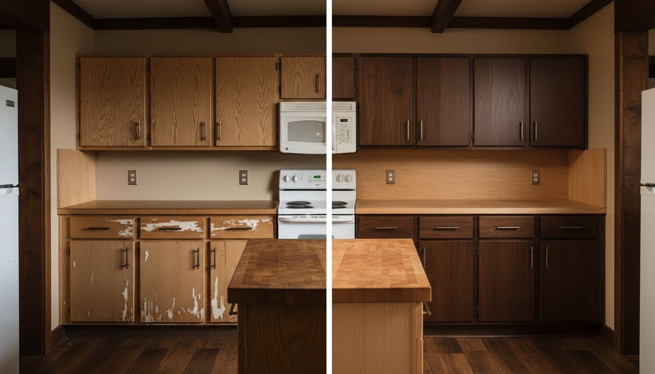 Split view of kitchen: left shows worn old cabinets, right displays same kitchen with new modern refaced doors and veneer.