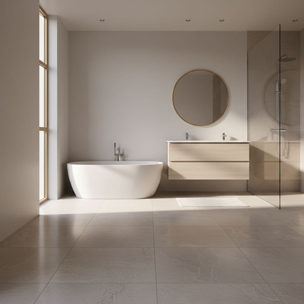 A minimalist bathroom features sleek light-colored porcelain tiles illuminated by natural light from a window.