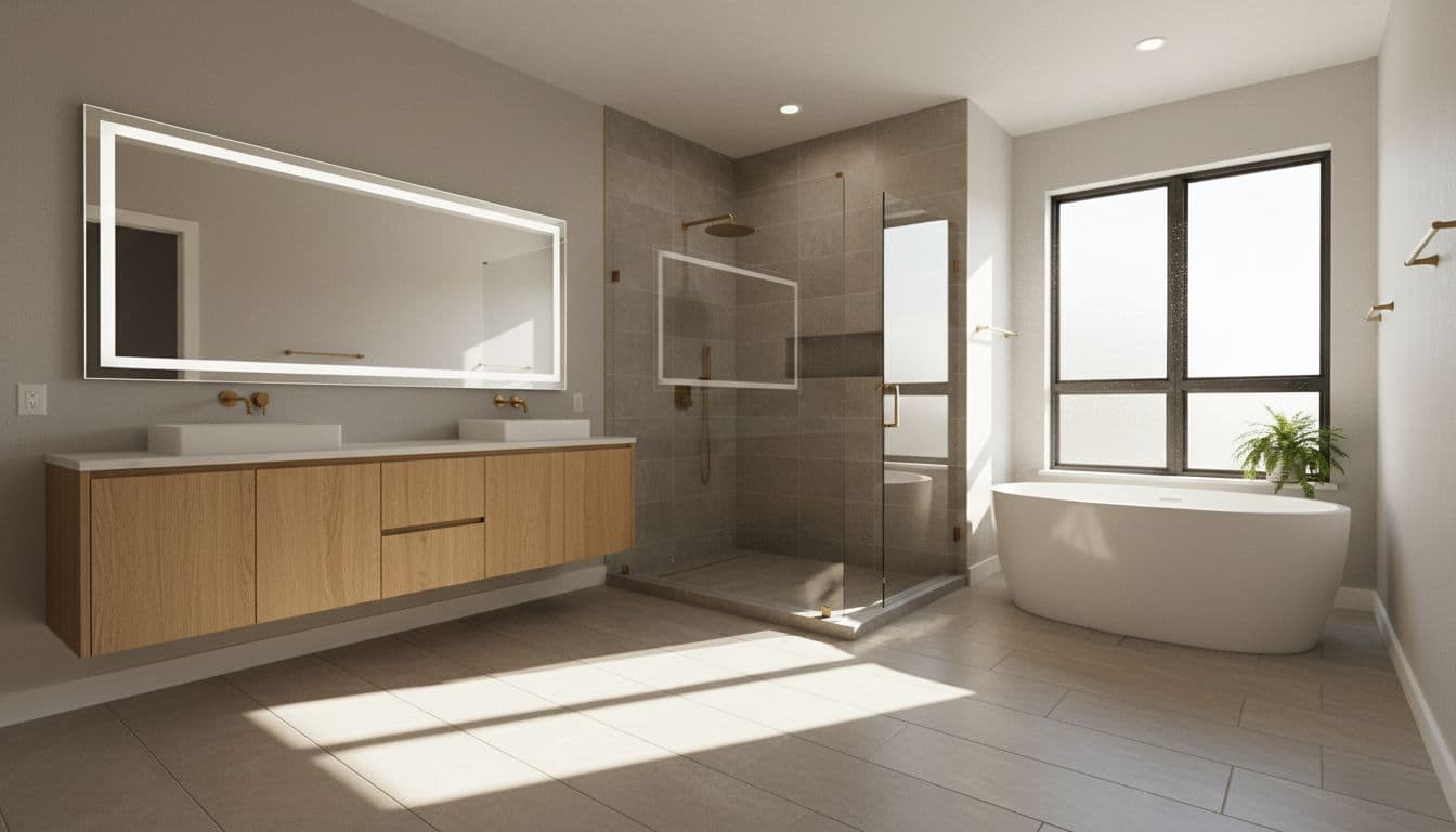 Empty modern bathroom with new tile shower, vanity, and fixtures in bright daylight.