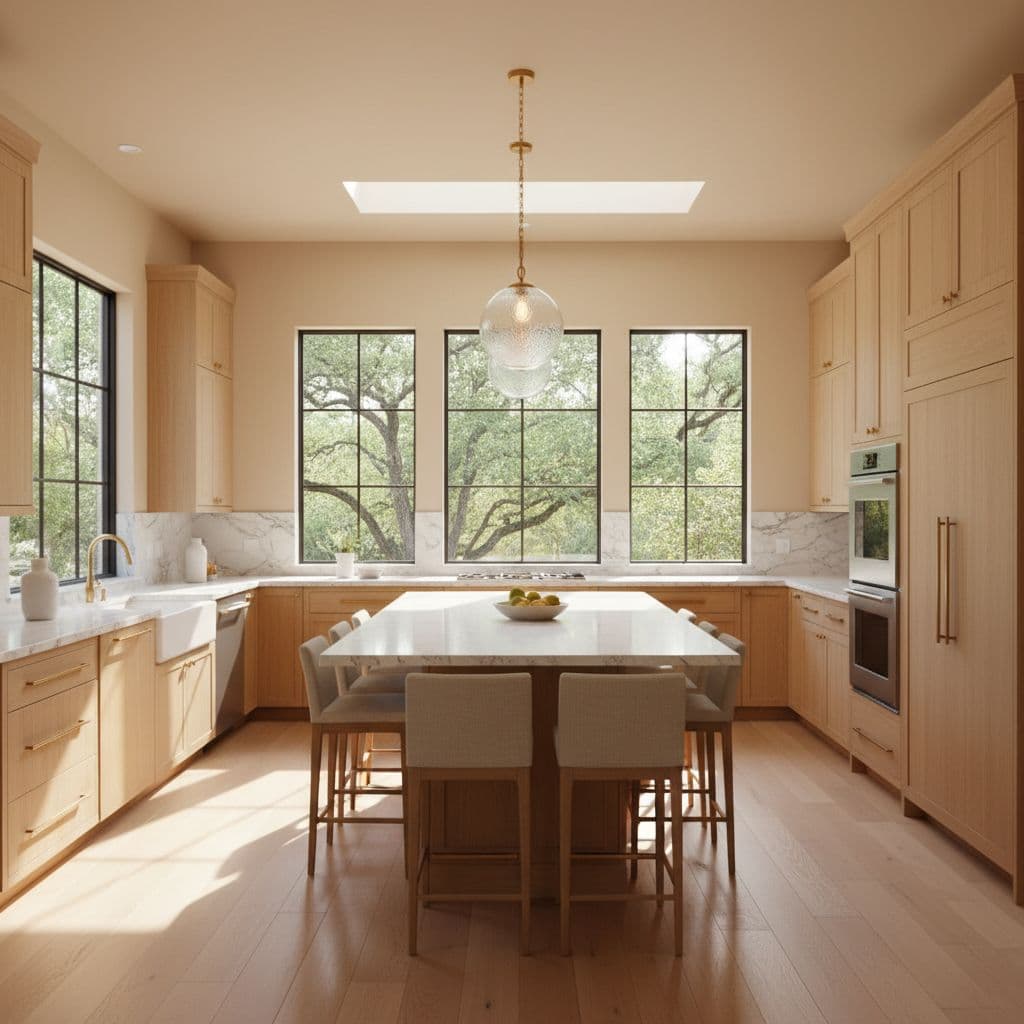 Bright modern kitchen with beige walls, light wood cabinets, stone countertops, and large windows admitting natural light.
