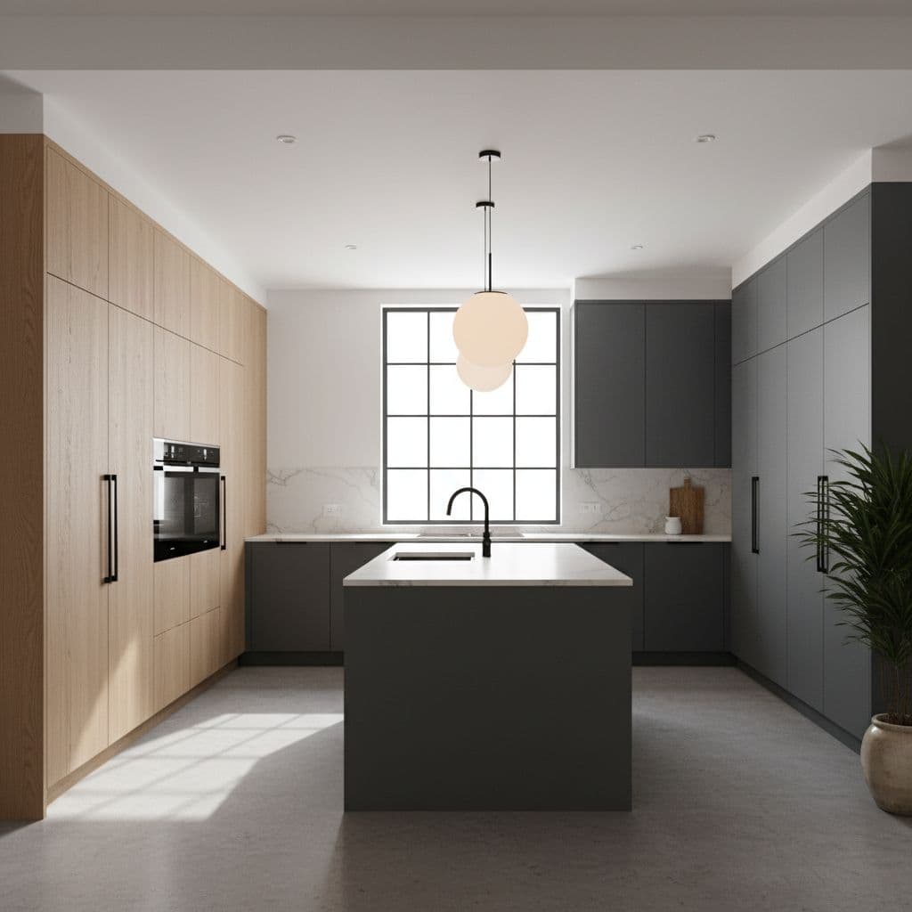 Bright modern kitchen with high-quality cabinetry and clean layout under cinematic lighting.