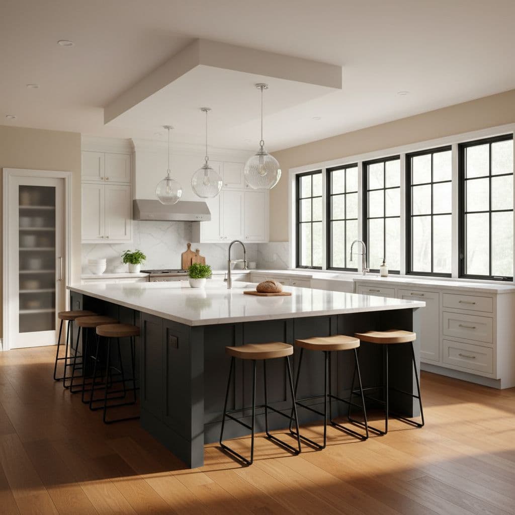 A bright contemporary kitchen features a large central island and warm wood flooring.