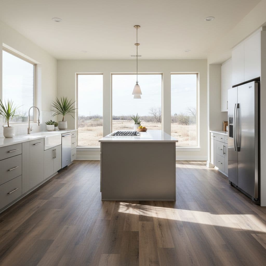 Modern kitchen shows wood-look luxury vinyl plank flooring, neutral colors, and bright light from large windows.