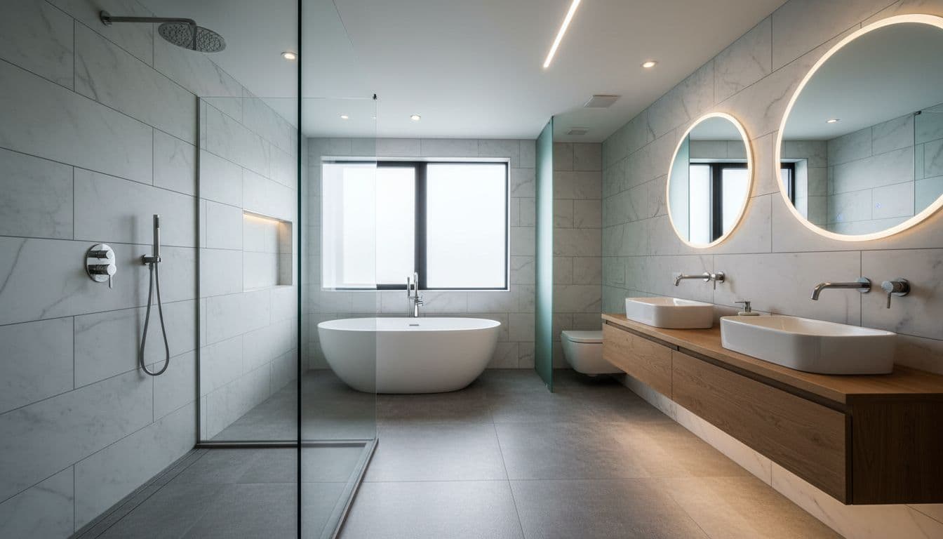 A spacious bathroom features a large glass walk-in shower with minimalist fixtures and polished wall tiles.
