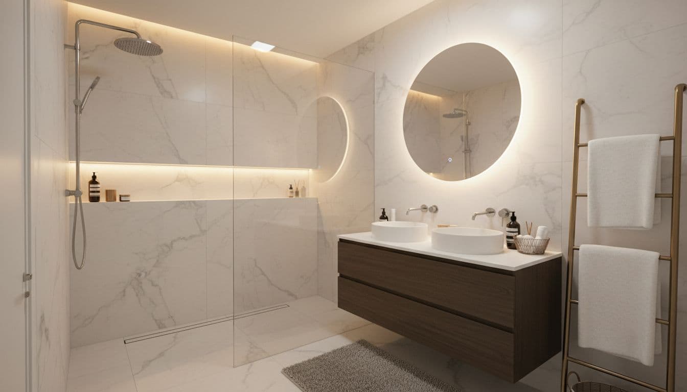 A renovated bathroom features a walk-in glass shower, white marble tiling, and soft ambient accent lighting.