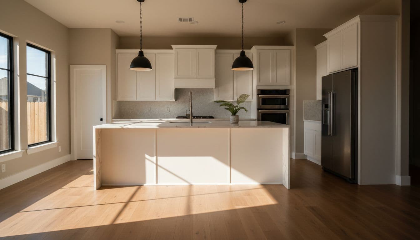 A bright kitchen features white cabinetry, neutral countertops, and warm wood flooring.