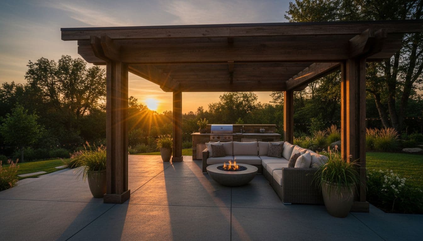 A sturdy custom wooden patio cover provides shade in a luxury backyard during a warm sunset.