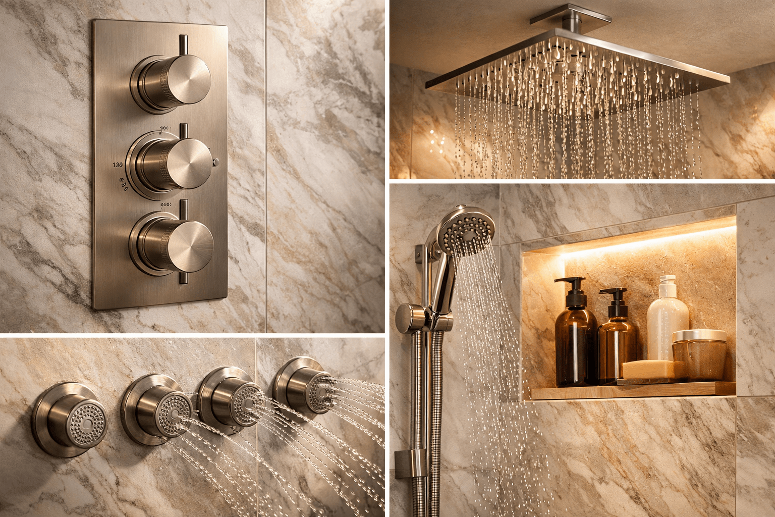 Close-up details of luxury shower fixtures including thermostatic valve, rainfall head, handheld sprayer, body jets, marble-look tile, and illuminated niche