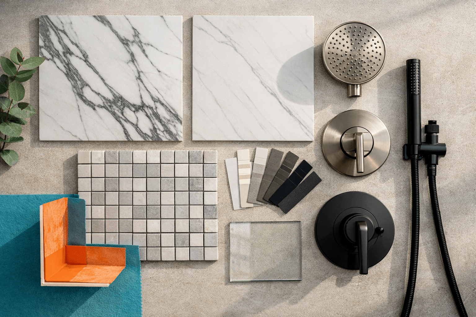 Designer flat-lay of luxury shower materials including marble-look porcelain tile, mosaic floor tile, grout swatches, fixture finish samples, glass sample, and waterproofing membrane detail
