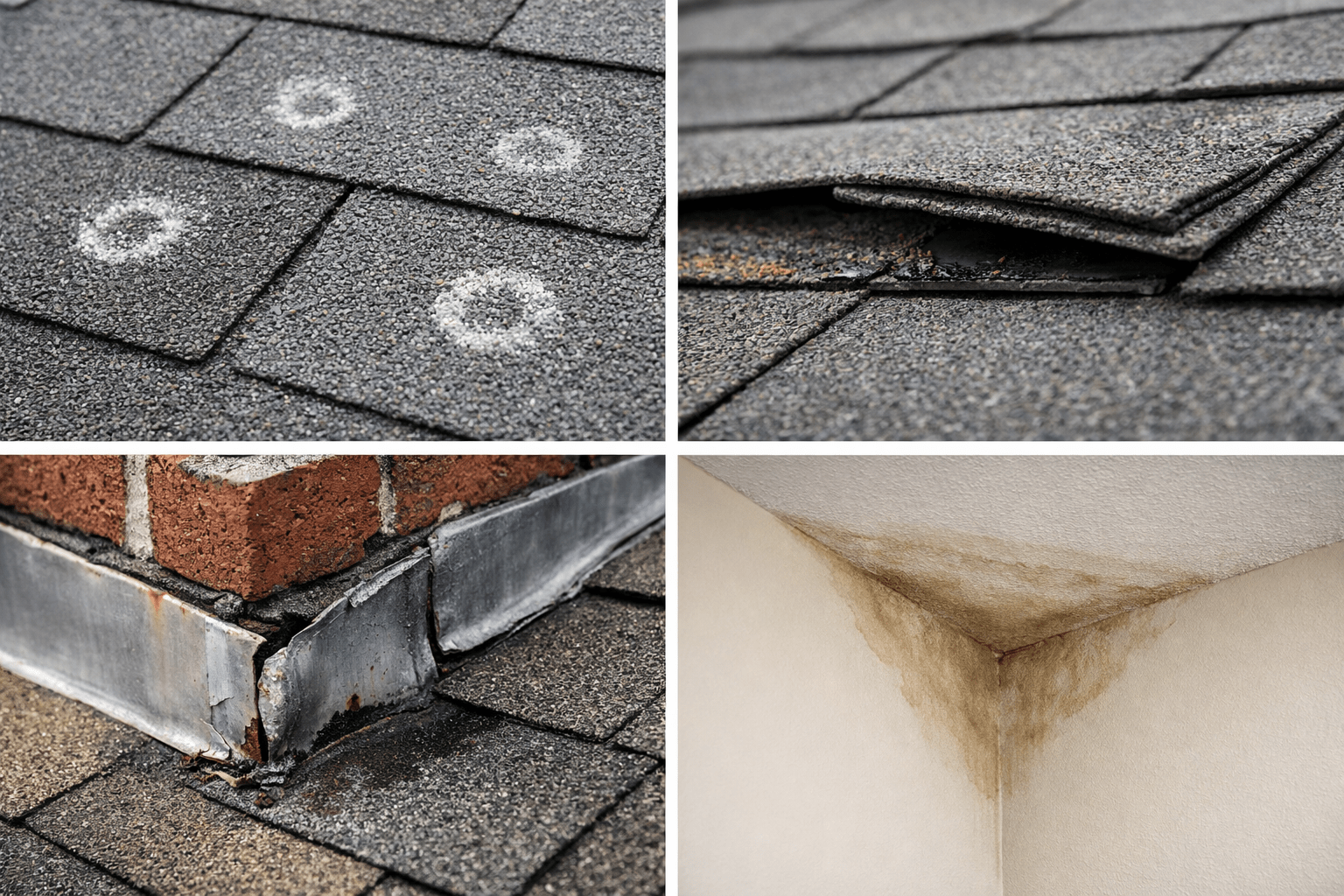 Close-up views of common Denton roof issues including hail marks on shingles, lifted shingle edge, damaged flashing, and interior ceiling water stain