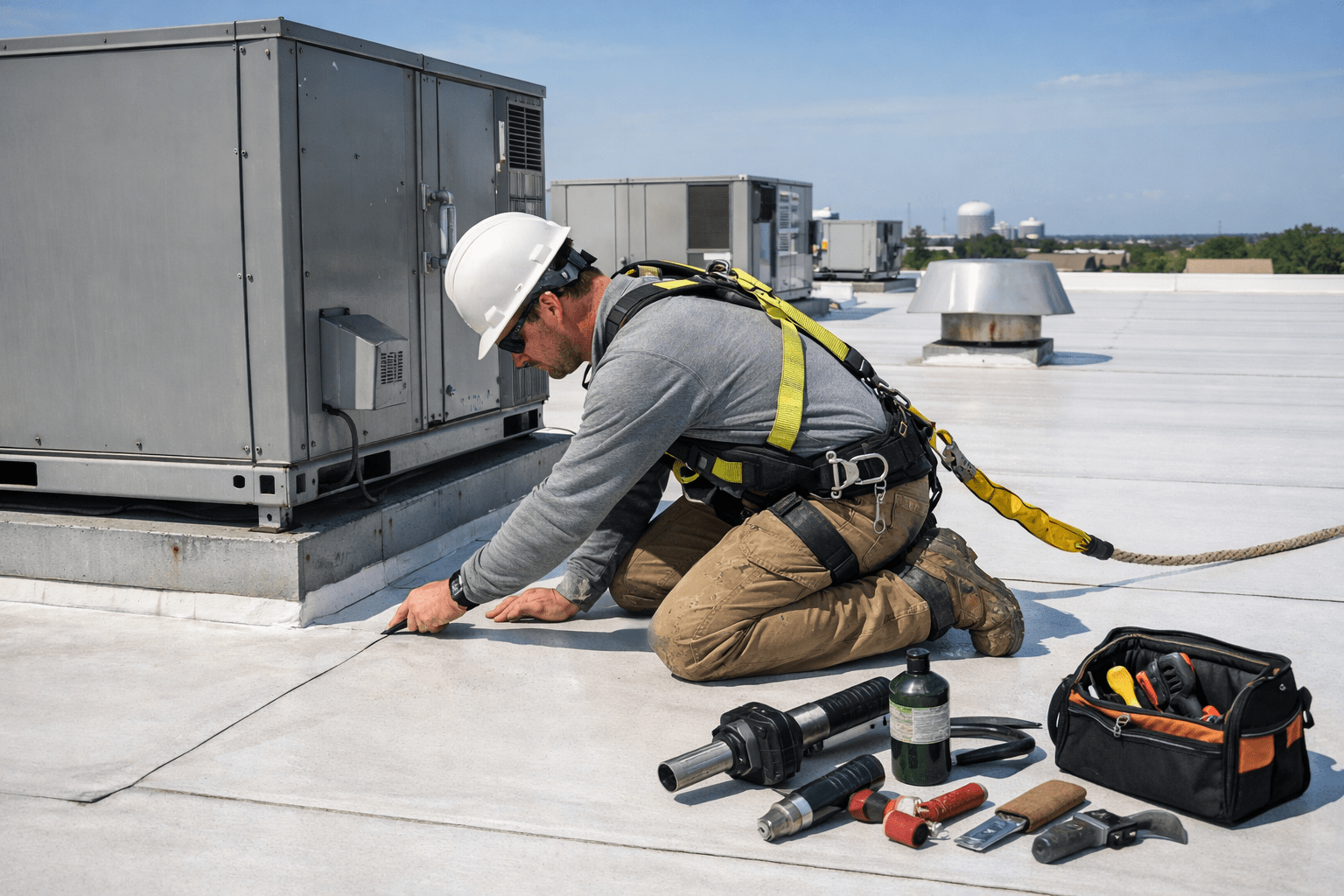 Professional roofer inspecting seams on a low-slope commercial roof near HVAC units in Denton, Texas