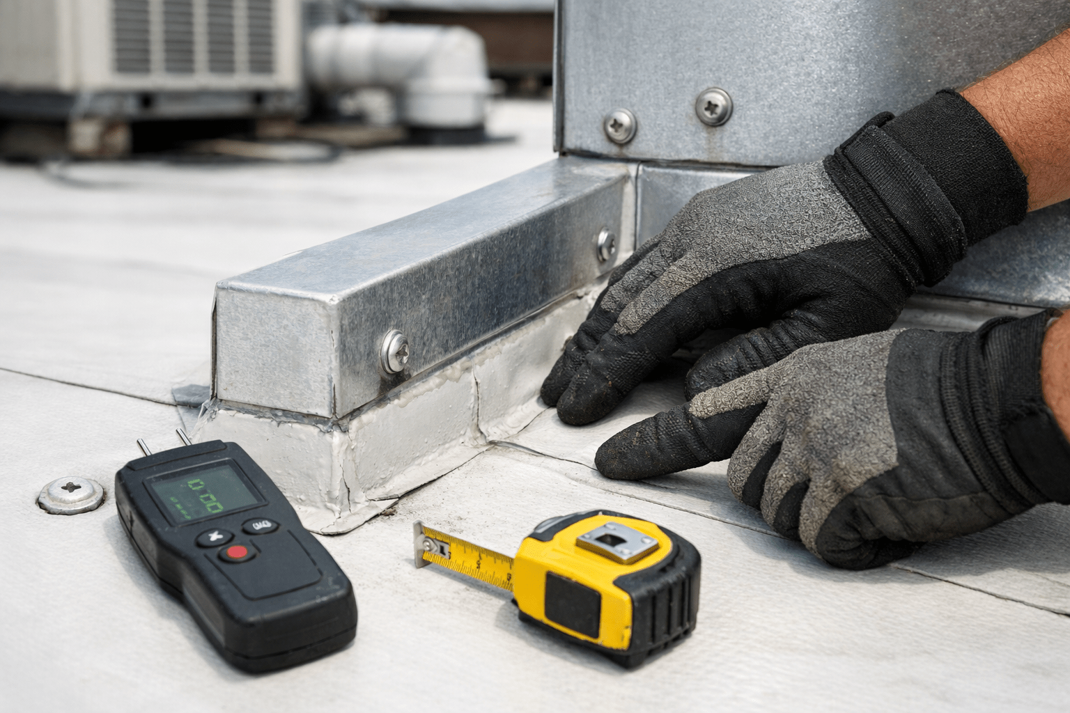 Close-up of a commercial roof membrane seam inspection near flashing with measurement tools