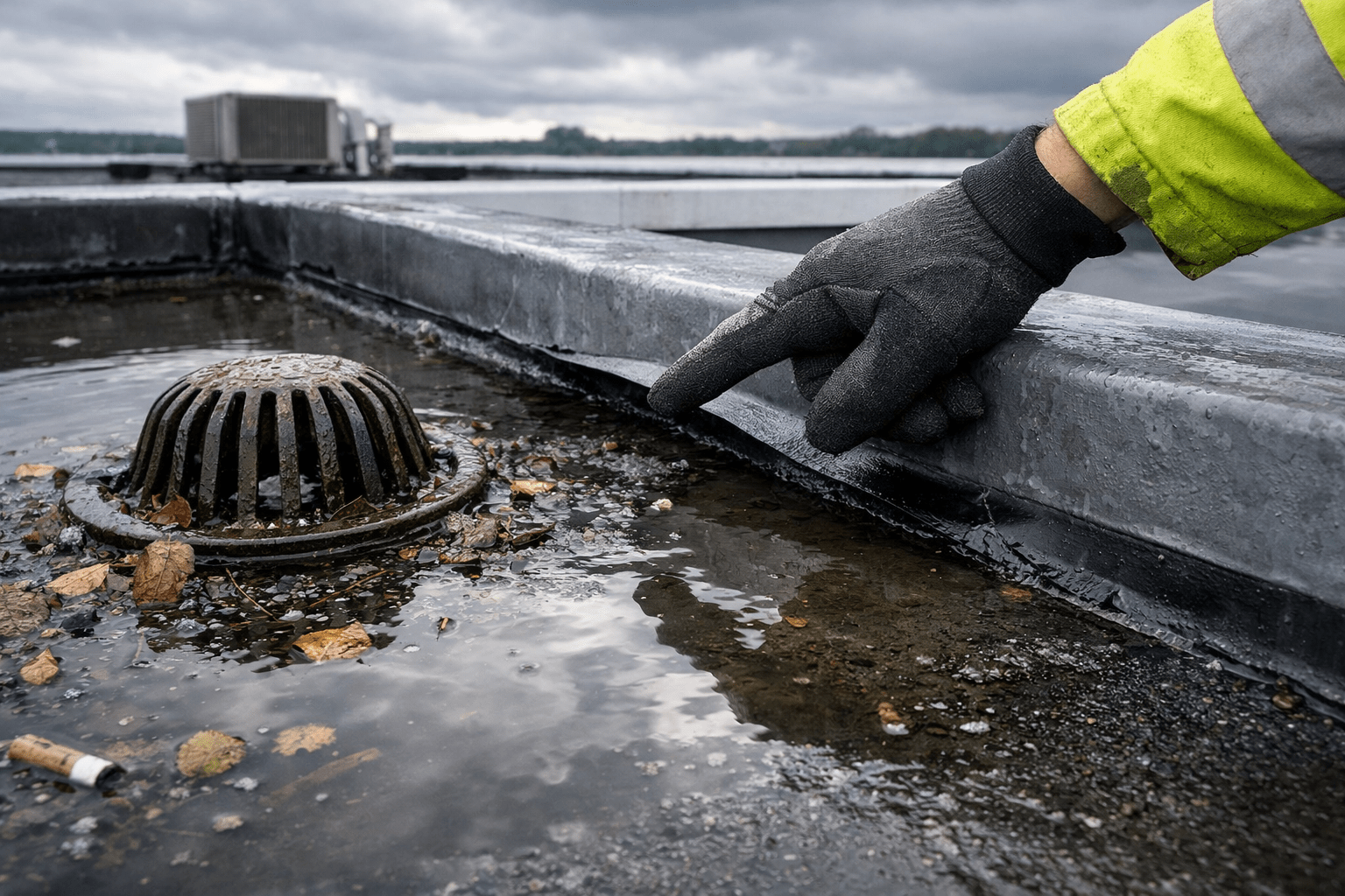 Ponding water near a roof drain with debris and a roofer indicating an issue at a flashing edge after a storm