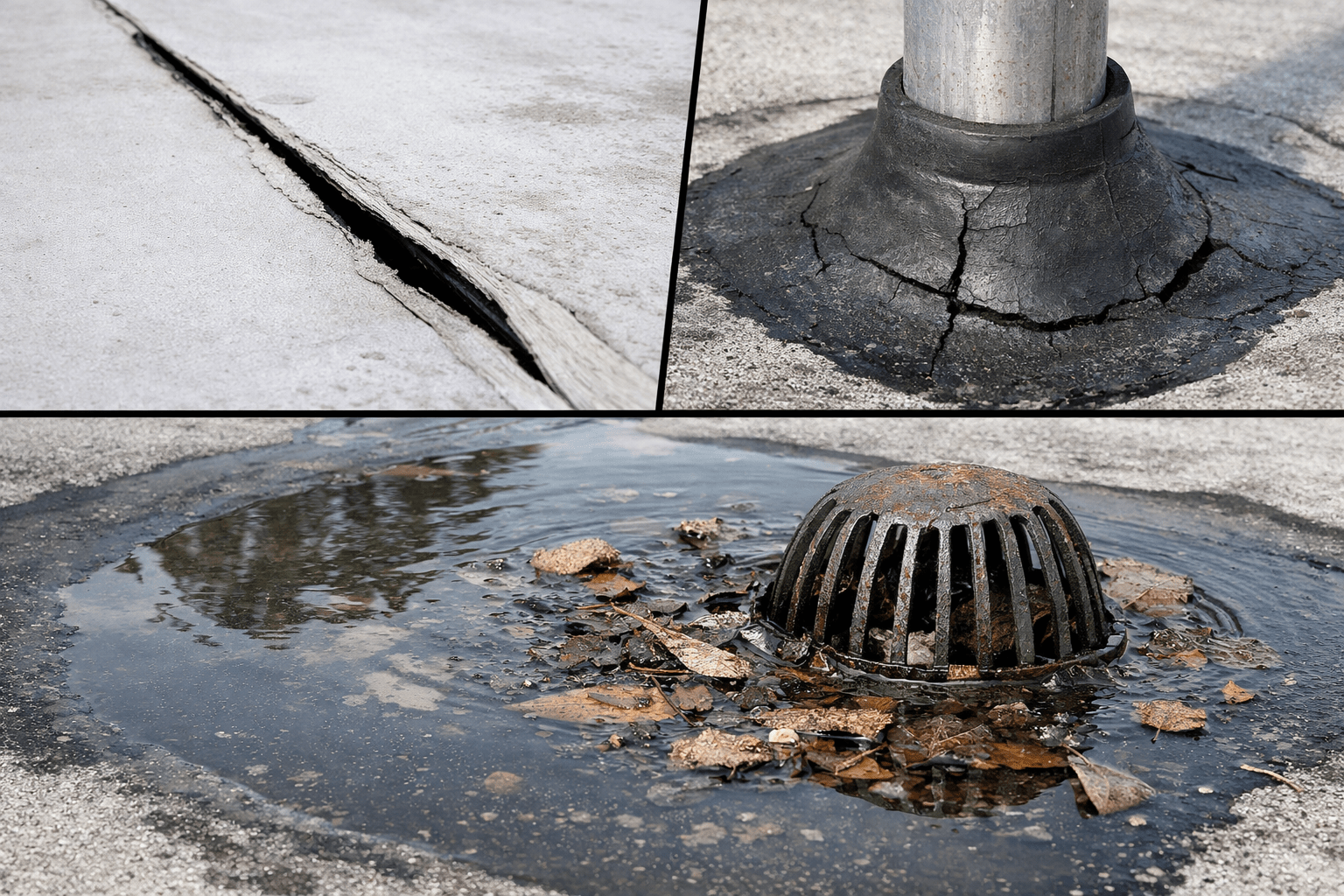 Close-up view of commercial roof issues including split membrane seam, cracked flashing at pipe penetration, and ponding water near a drain with debris