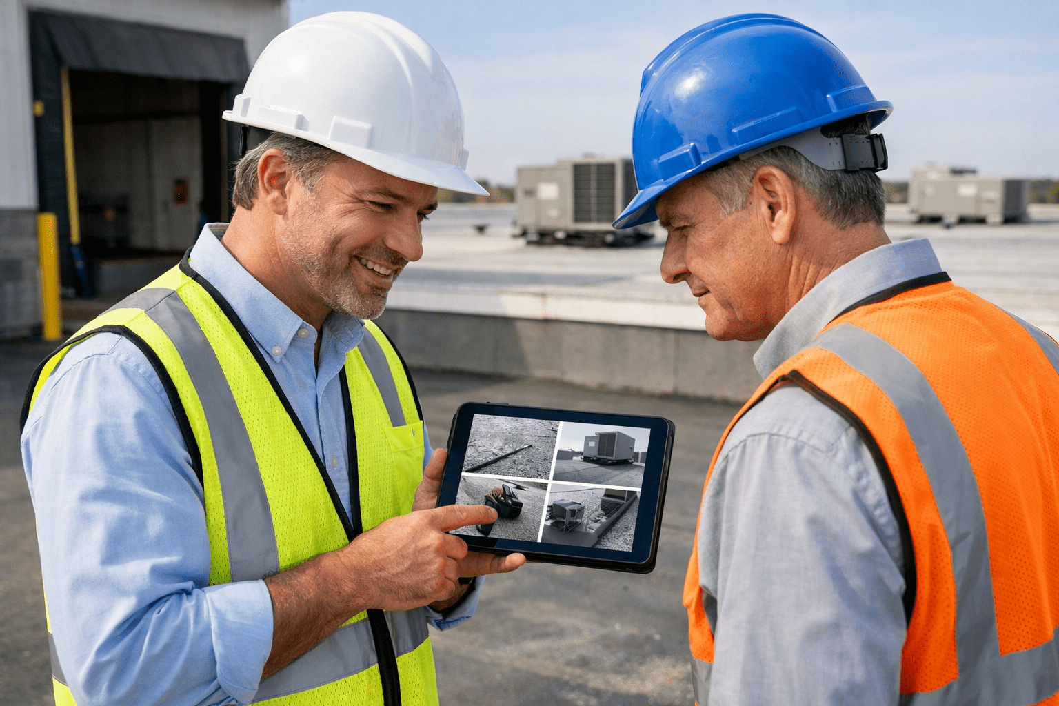 Commercial roofing consultant showing roof inspection photos on a tablet to a facility manager near a warehouse loading dock