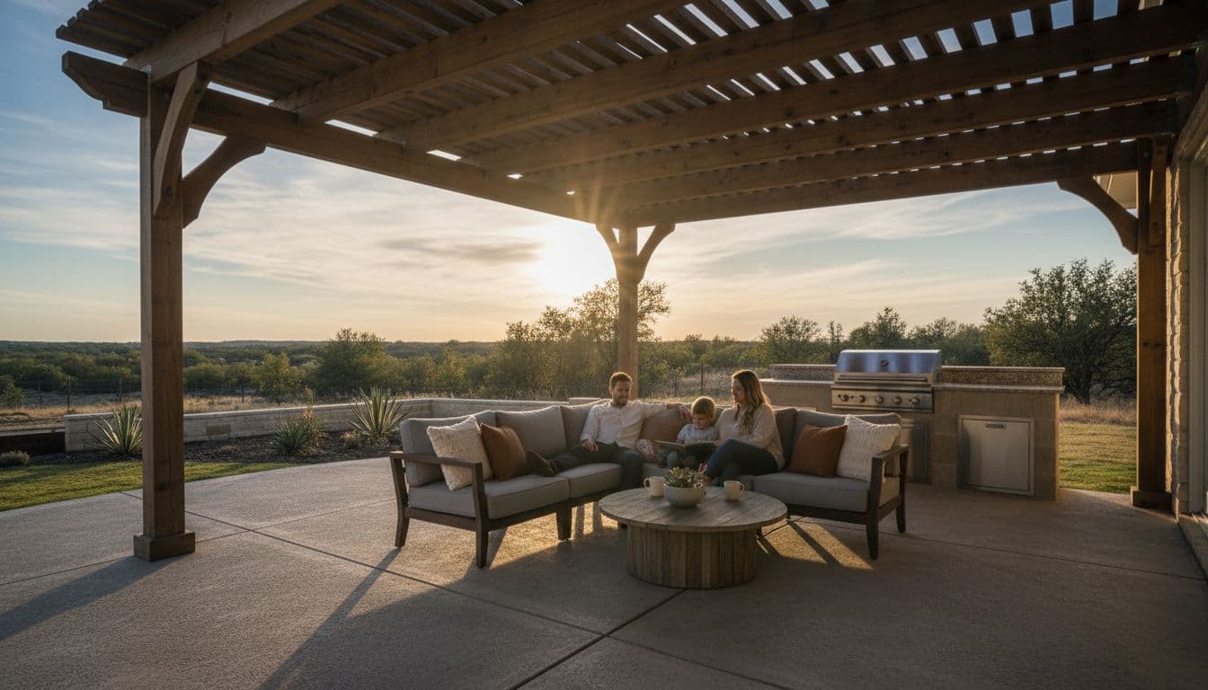 Two adults and a child relax under wooden patio cover over seating and grill in backyard at sunset.