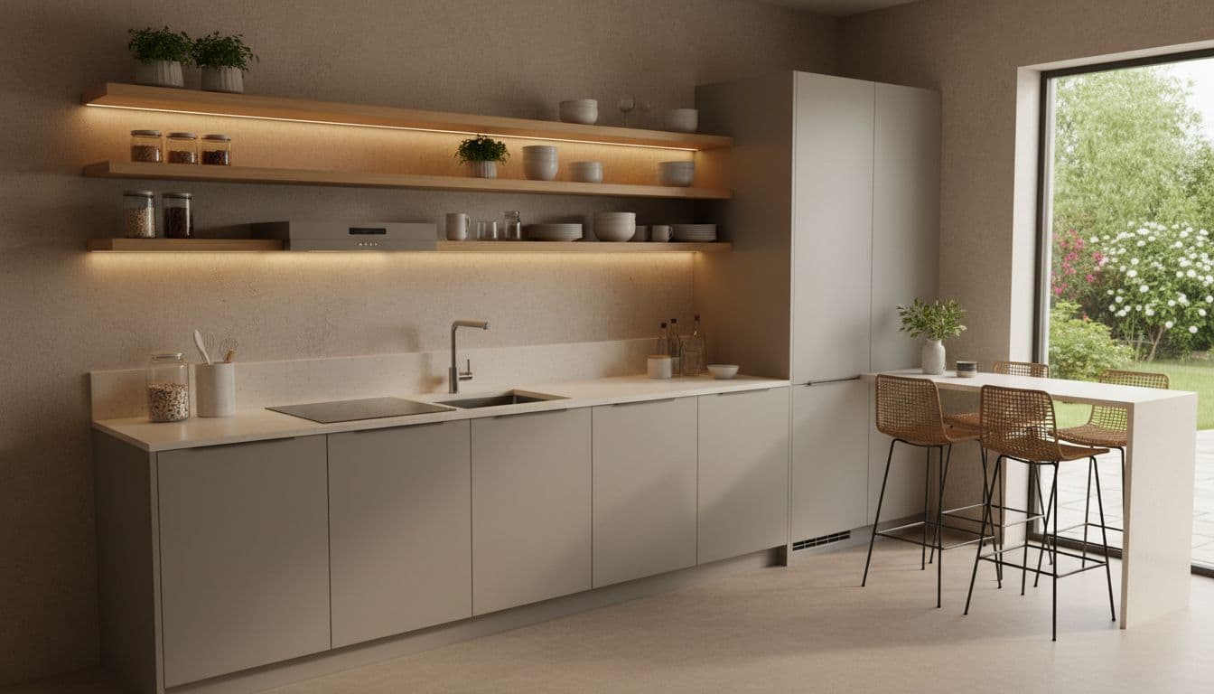 Single run of cabinets, counters, sink, stove, and fridge along one wall, with floating shelves above and peninsula with bar stools.