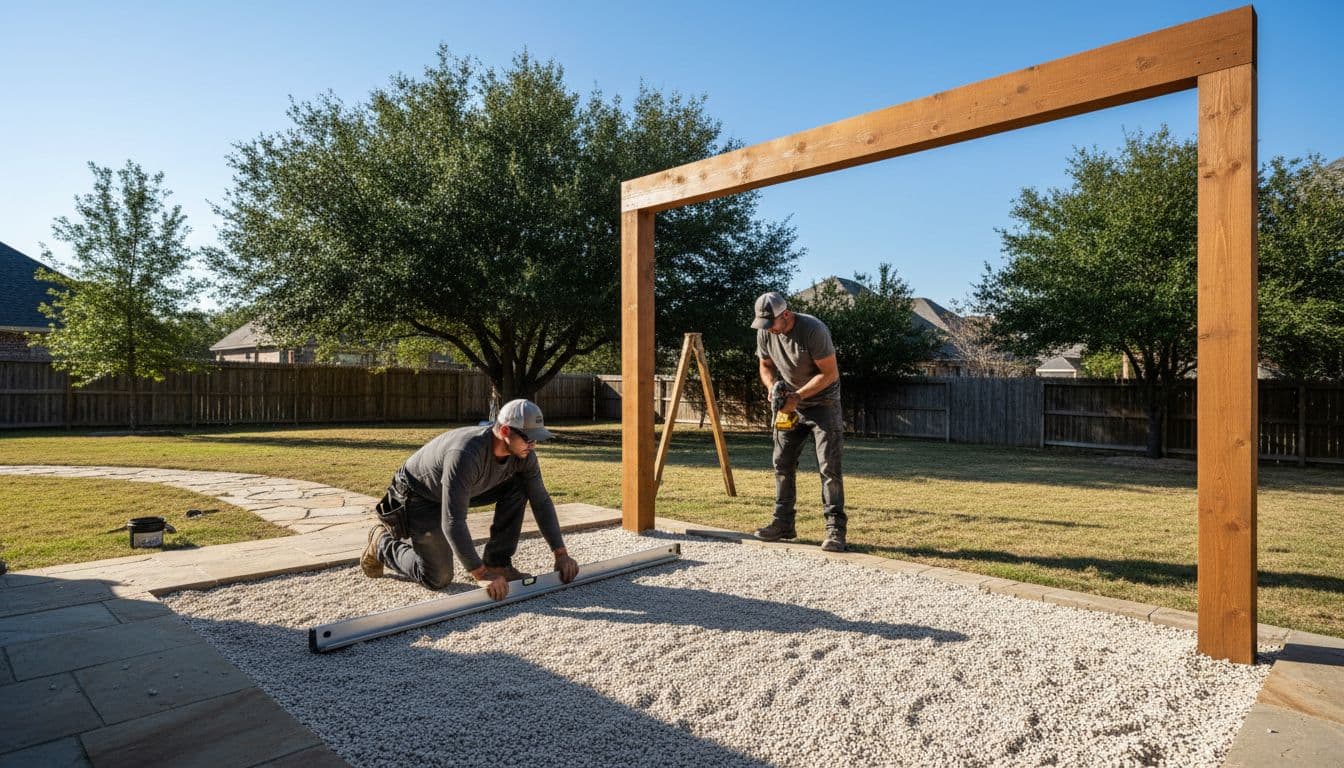 Two contractors install a stone patio and wooden frame in a sunny North Texas backyard.