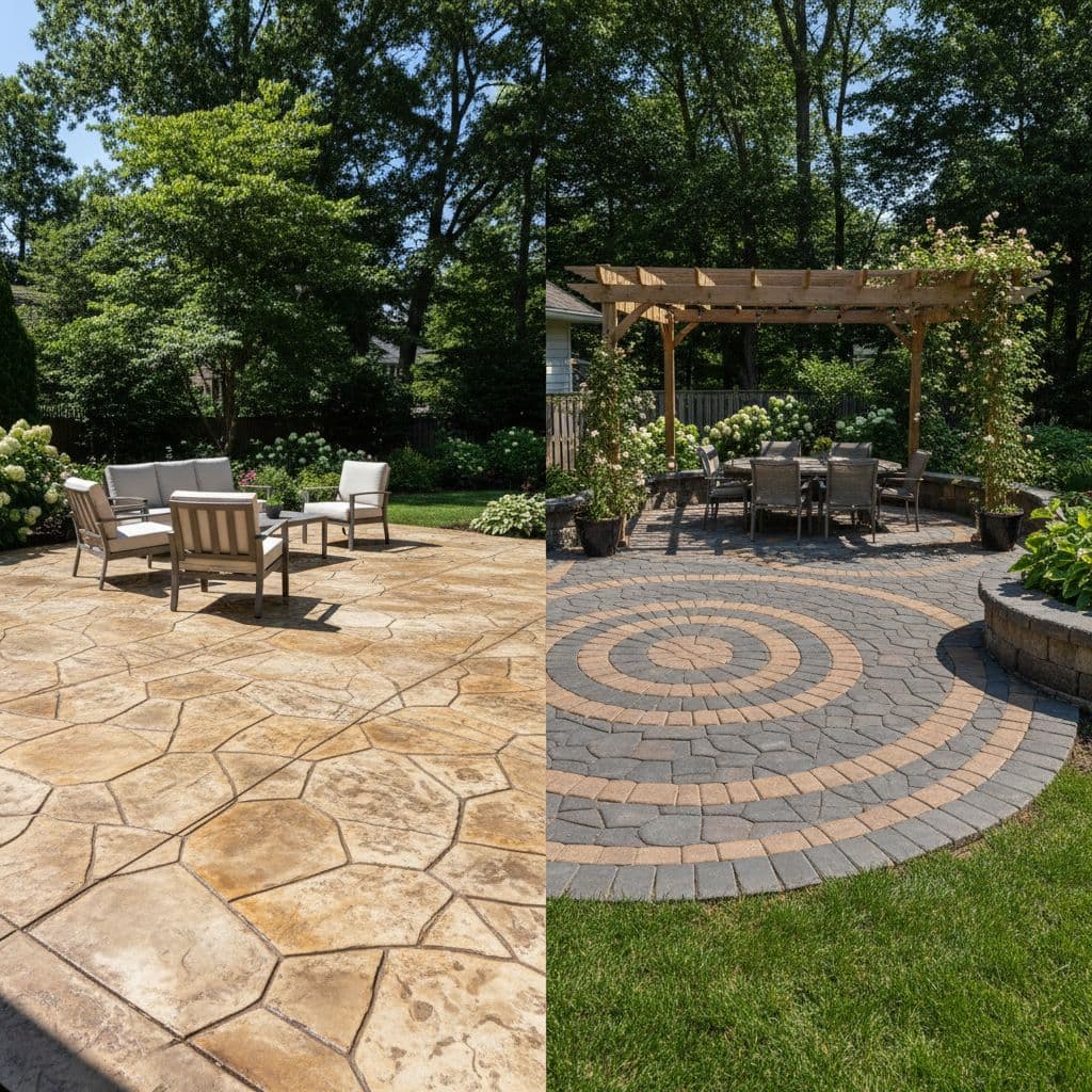 A split-screen comparison displaying a stamped concrete backyard patio alongside an interlocking stone paver patio.