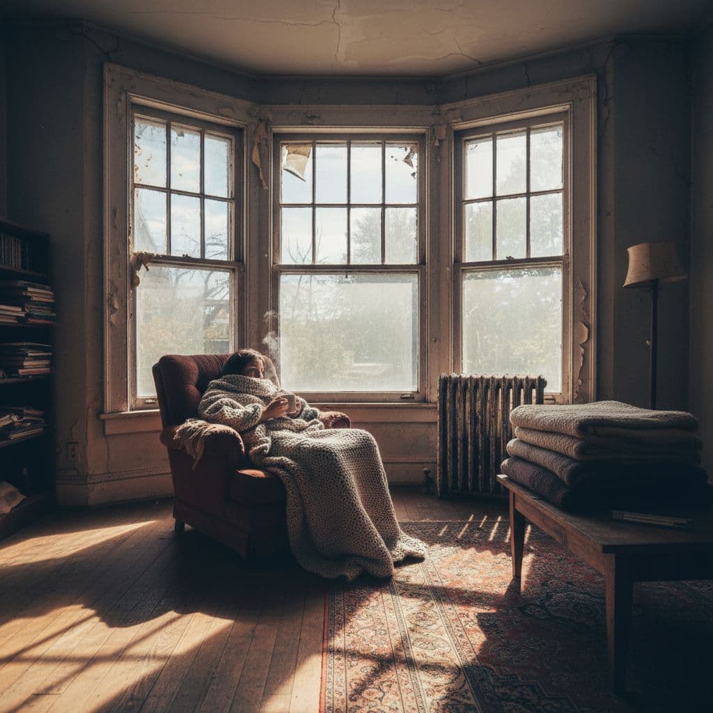 A person rests on a worn chair in a sun-drenched living room with large, aging windows. Sunlight beams highlight structural gaps and worn textures throughout the vintage interior space.