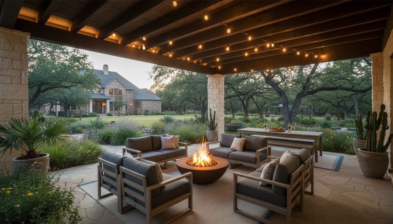 Covered outdoor patio with wooden ceiling beams, modern furniture, fire pit, and lush green landscaping.