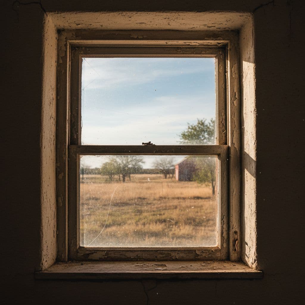 A worn single-pane window sits in a residential wall under dramatic afternoon sunlight.