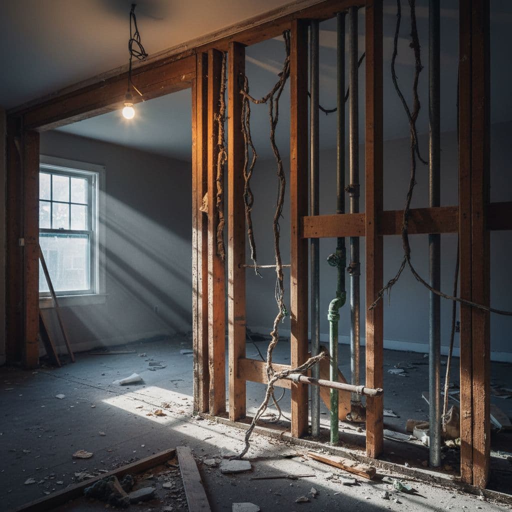 Wooden studs, tangled electrical wiring, and copper plumbing pipes are exposed within an open interior wall frame. Dramatic light highlights these hidden mechanical elements against the deep, dark shadows behind them.