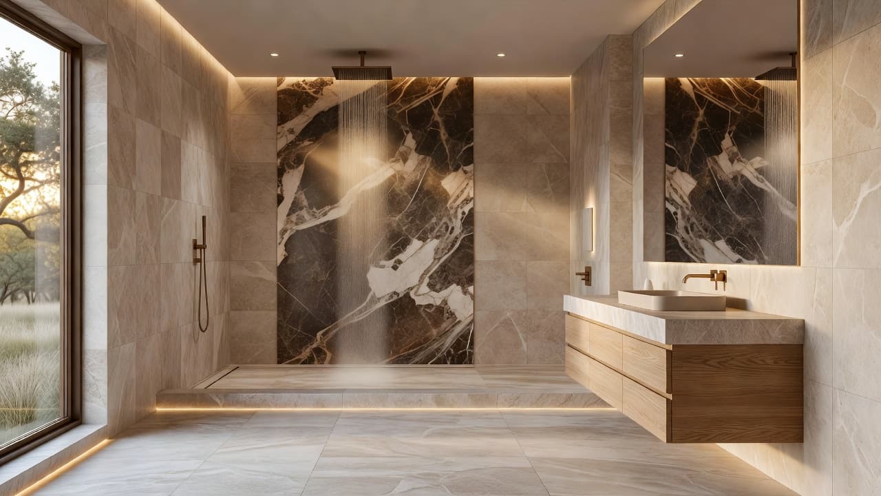 A spacious walk-in shower features textured natural stone walls and neutral tiles. Soft warm lighting illuminates the curbless entry, creating a tranquil atmosphere within this elegant, modern residential bathroom space.
