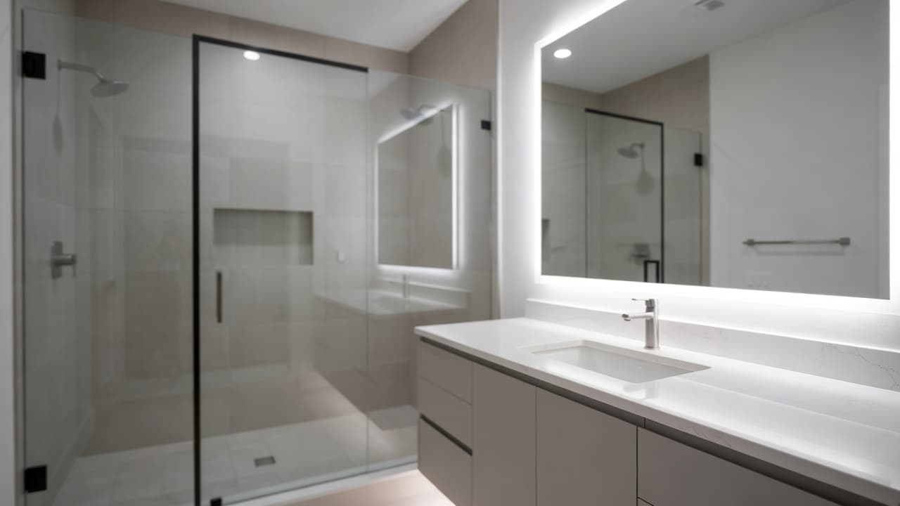 A spacious bathroom features a glass walk-in shower with neutral tile work next to a quartz vanity. Soft overhead lighting illuminates the clean surfaces and high-contrast finishes of this renovated space.